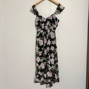 Floral Black and Pink Women's Smocked Ruffle Sleeve Dress NEW Size Small